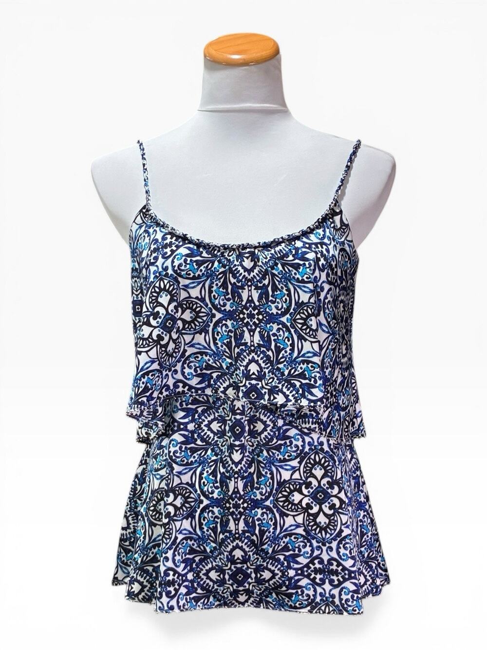 White House Black Market Women’s Tiered Blue White Patterned Braid Cami Size XS